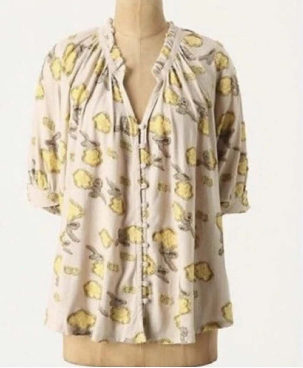 Anthropologie ETT TWA Yellow Floral Shirt Top Blouse Boxy Beige Tan Sz XS